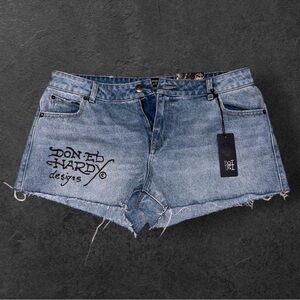 Ed Hardy Women's Distressed ‘Born Free’ Blue Denim Jean Shorts Size 30